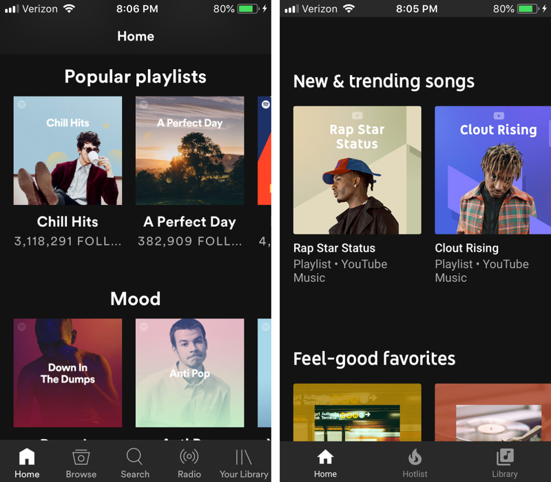 Left: Spotify’s mobile app, Right: YouTube Music’s mobile app
